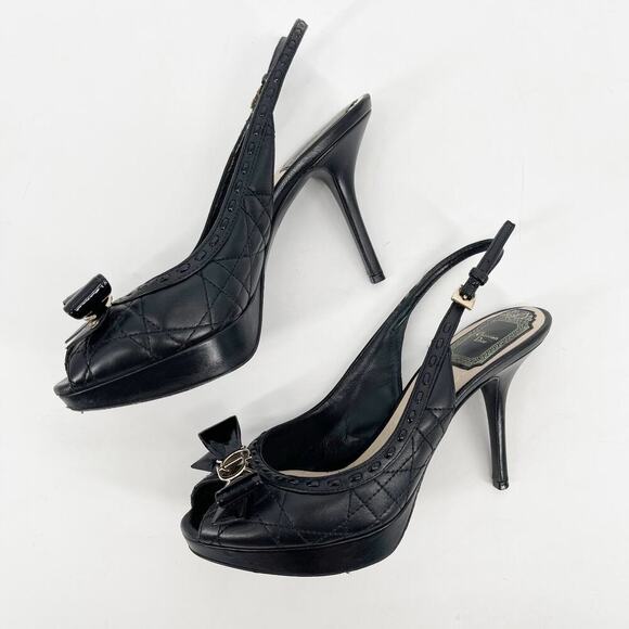 Dior Black Cannage Patent and Leather Bow CD Logo Slingback Pump size 36 - Picture 4 of 11